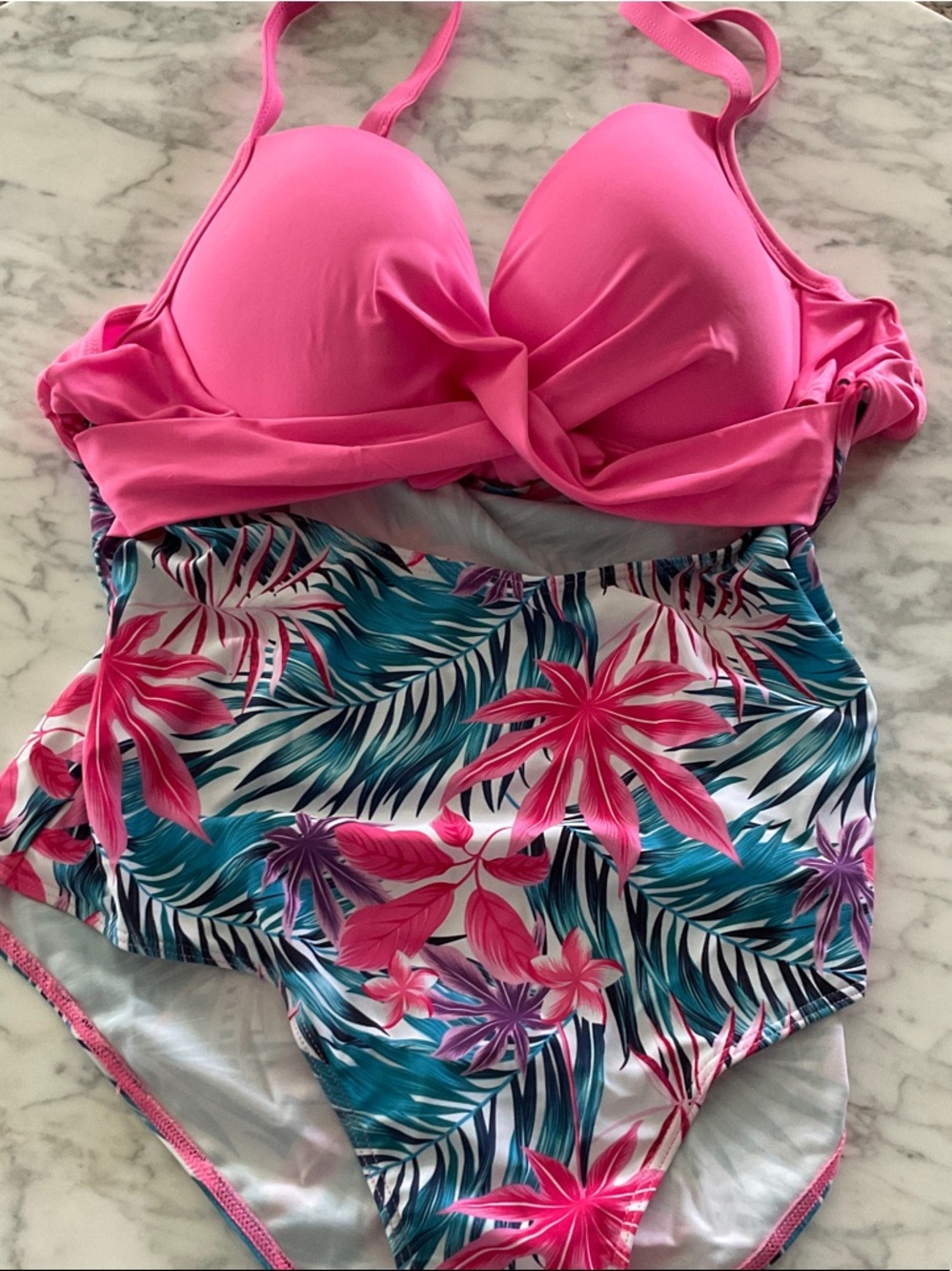 Women’s Pink Tropical One-Piece Swimsuit - Adjustable Support